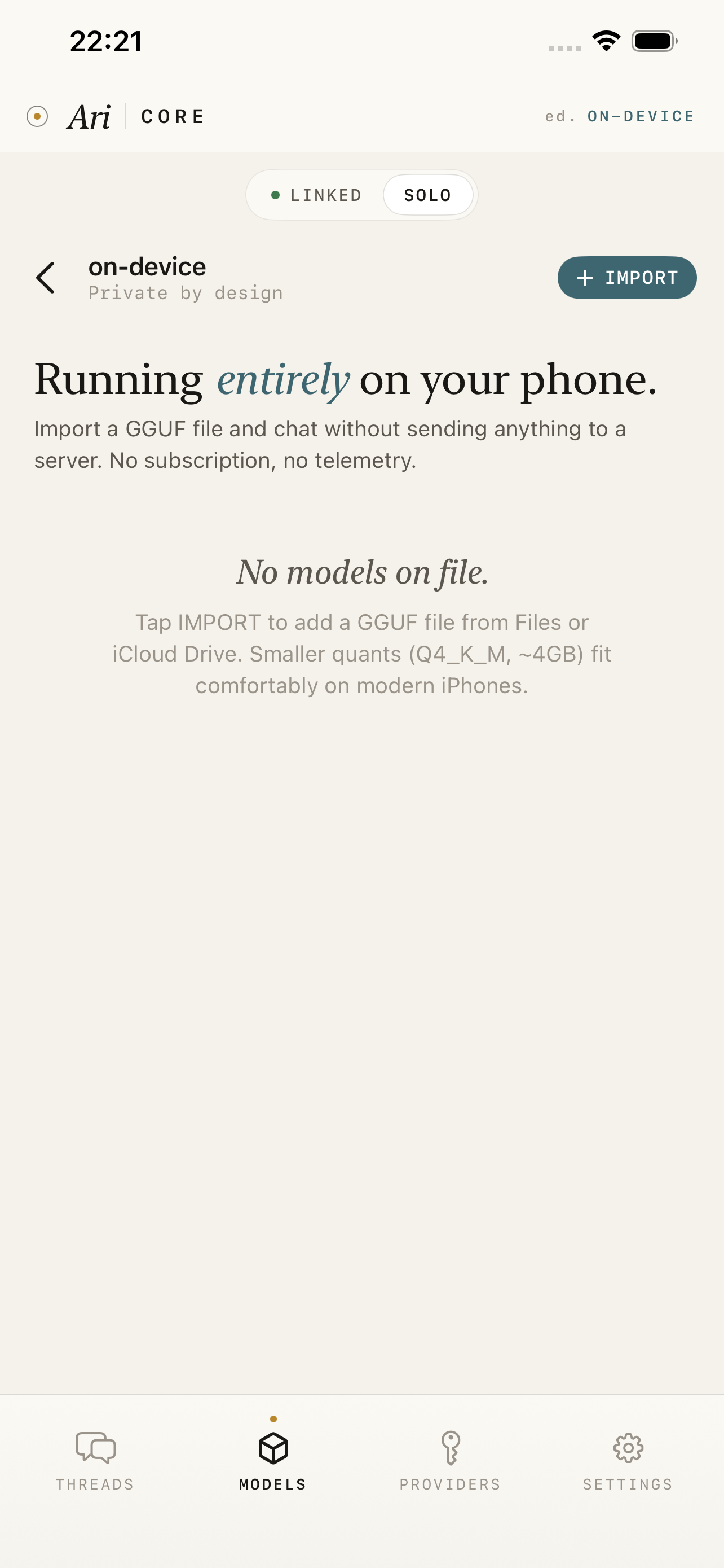 On-device model import screen