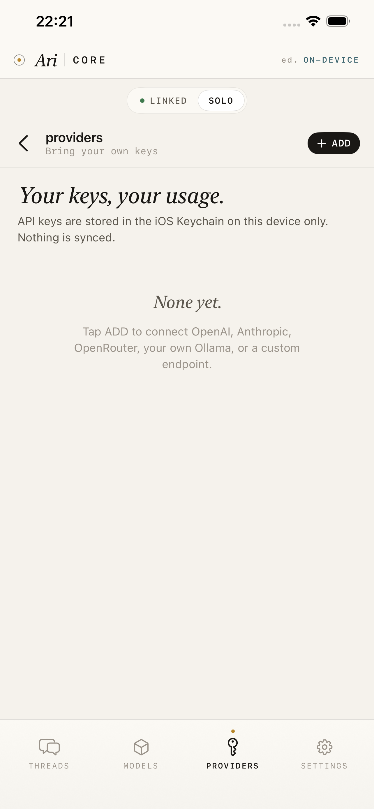 Providers bring-your-own-key screen